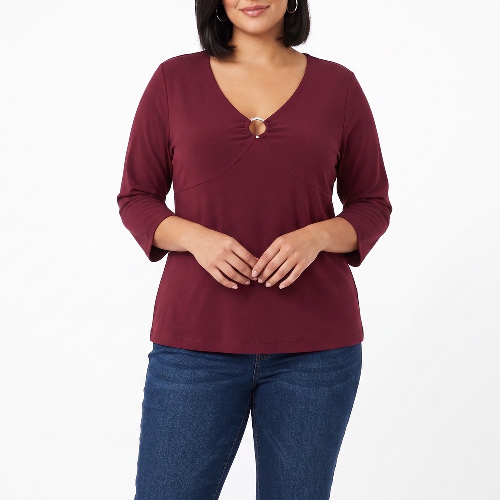 Fashion Bug Top Womens 18/20W Stretch V-Neck Burgundy Rhinestone Ring Excellent